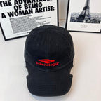 Denim baseball cap with Balenciaga red logo on front, black