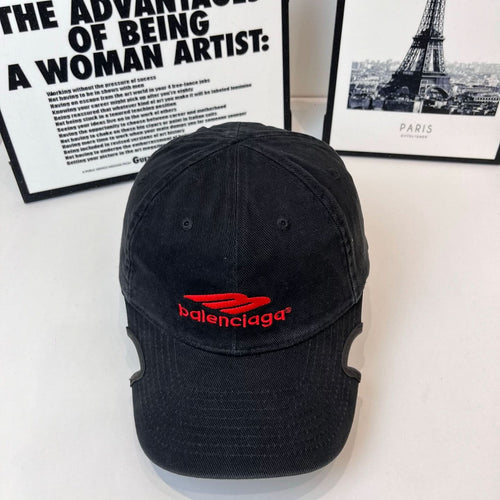 Denim baseball cap with Balenciaga red logo on front, black