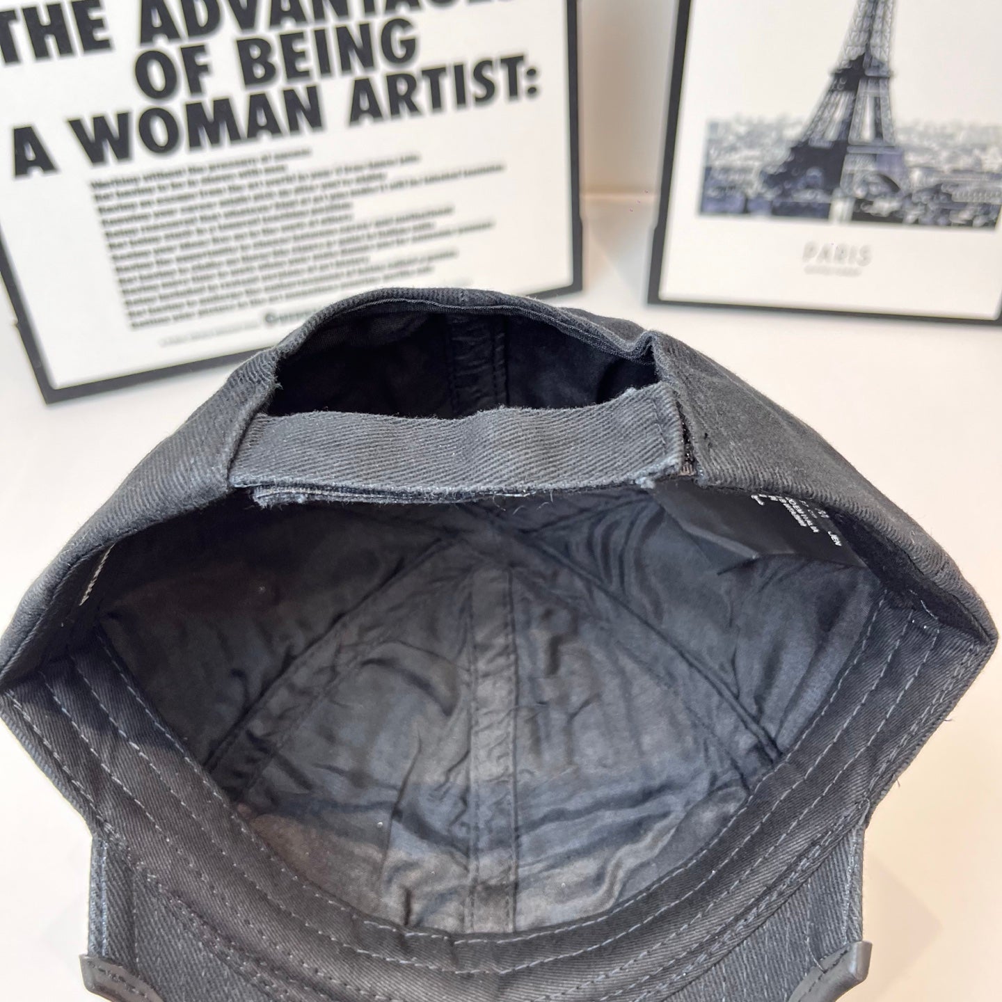 Denim baseball cap interior view with quilted lining and curved brim