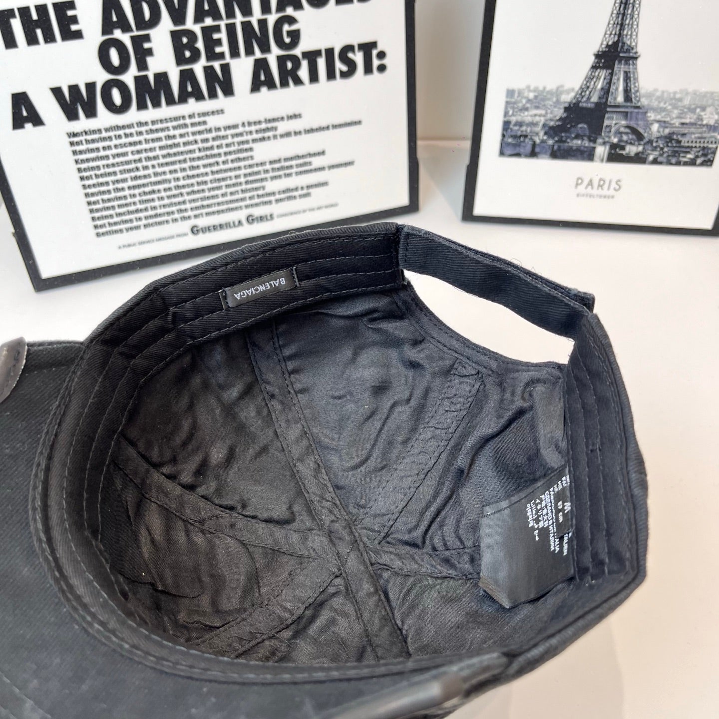 Denim baseball cap interior with satin lining and size label