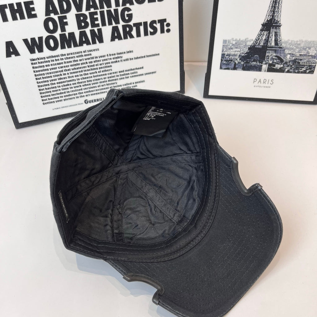 Denim baseball cap interior view with curved brim and inner label
