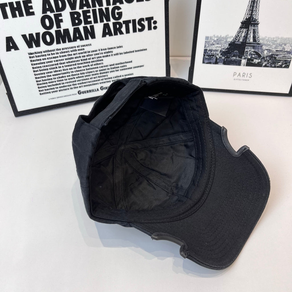 Balenciaga cap interior, dark lining with inner seams and open crown