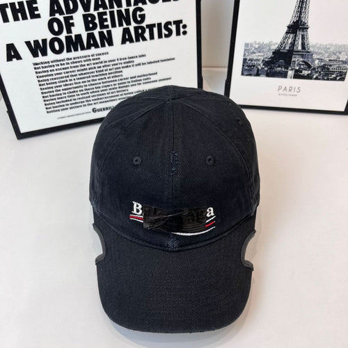 Balenciaga cap, dark fabric, embroidered logo patch on front