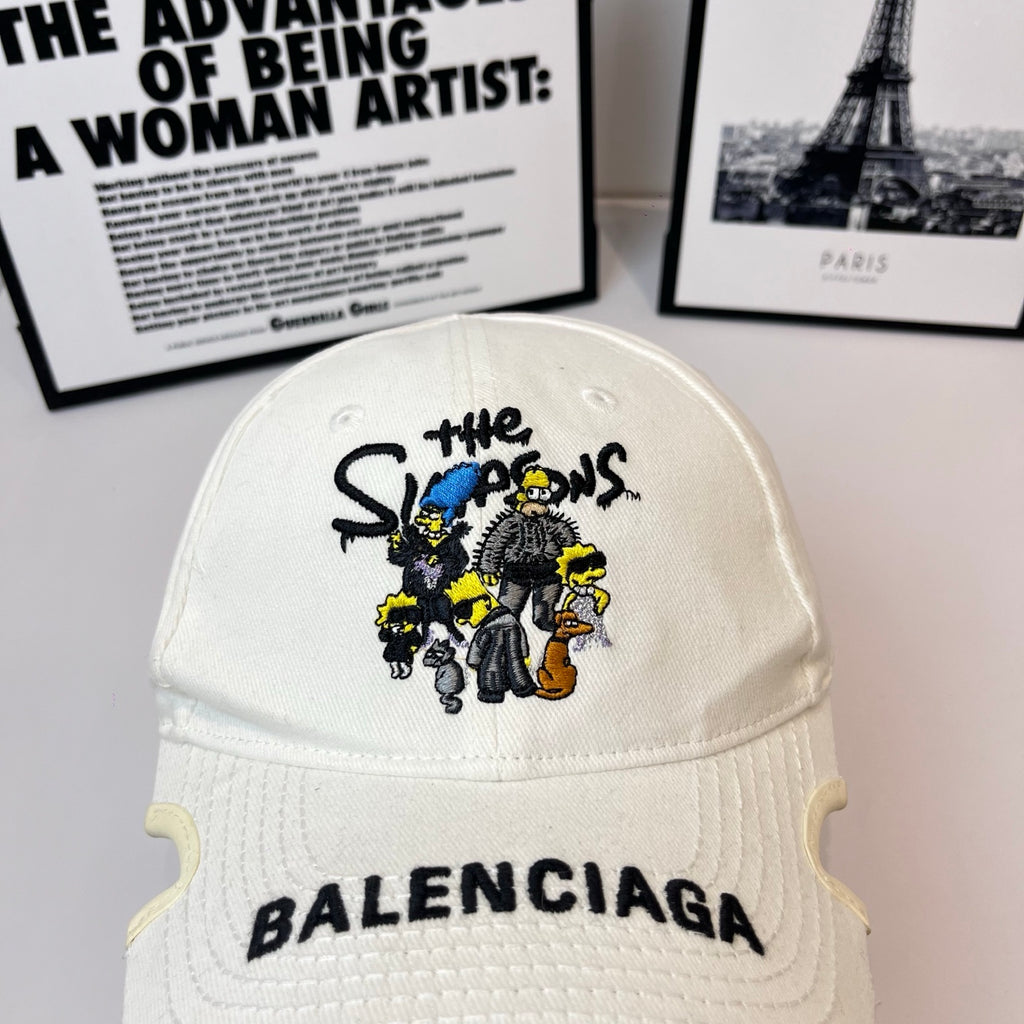 Burberry cap, white twill with cartoon character embroidery on front and BALENCIAGA text