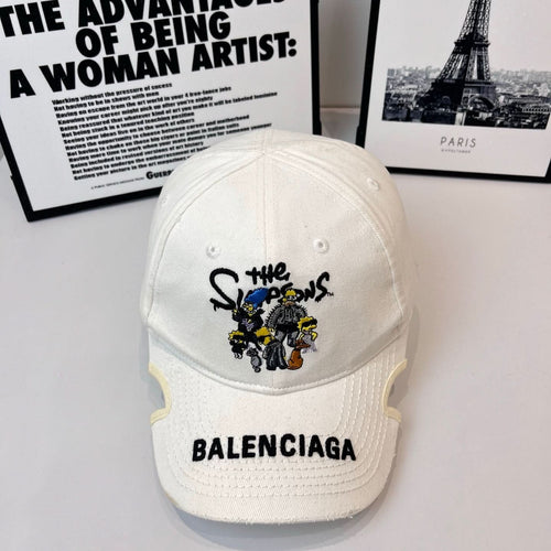 Burberry cap, white twill with embroidered cartoon graphic and bold BALENCIAGA text