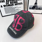 Baseball cap, dark gray with pink B graphic and BALENCIAGA logo patch