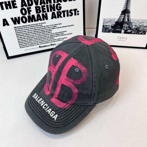 Baseball cap, dark gray with pink B graphic and BALENCIAGA logo patch