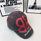 Balenciaga dark gray cap with red B logo and BALENCIAGA side embroidery