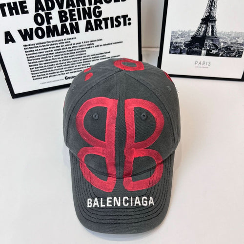 Balenciaga dark gray cap with large red B logo and BALENCIAGA embroidery