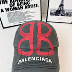 Gray baseball cap with large red Balenciaga monogram and BALENCIAGA front text