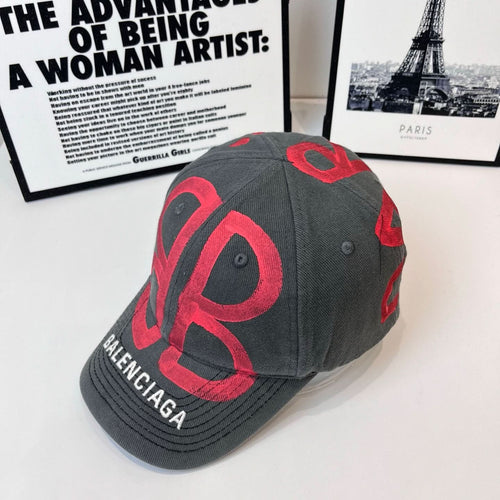 Balenciaga dark gray cap with red B logo on front and side BALENCIAGA text