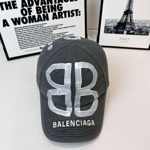 Balenciaga cap, dark gray, with large silver monogram logo and BALENCIAGA lettering