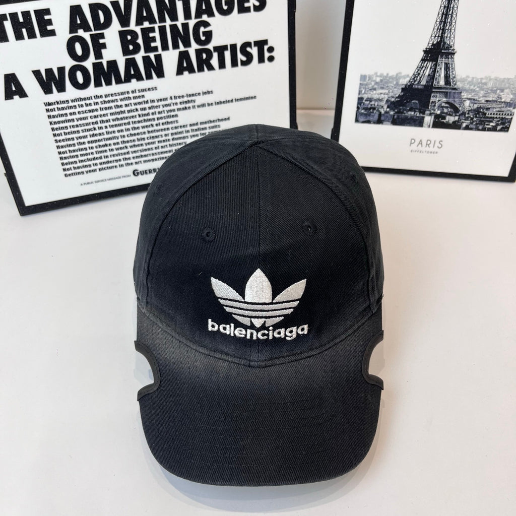 Black baseball cap with white trefoil and Balenciaga logo front