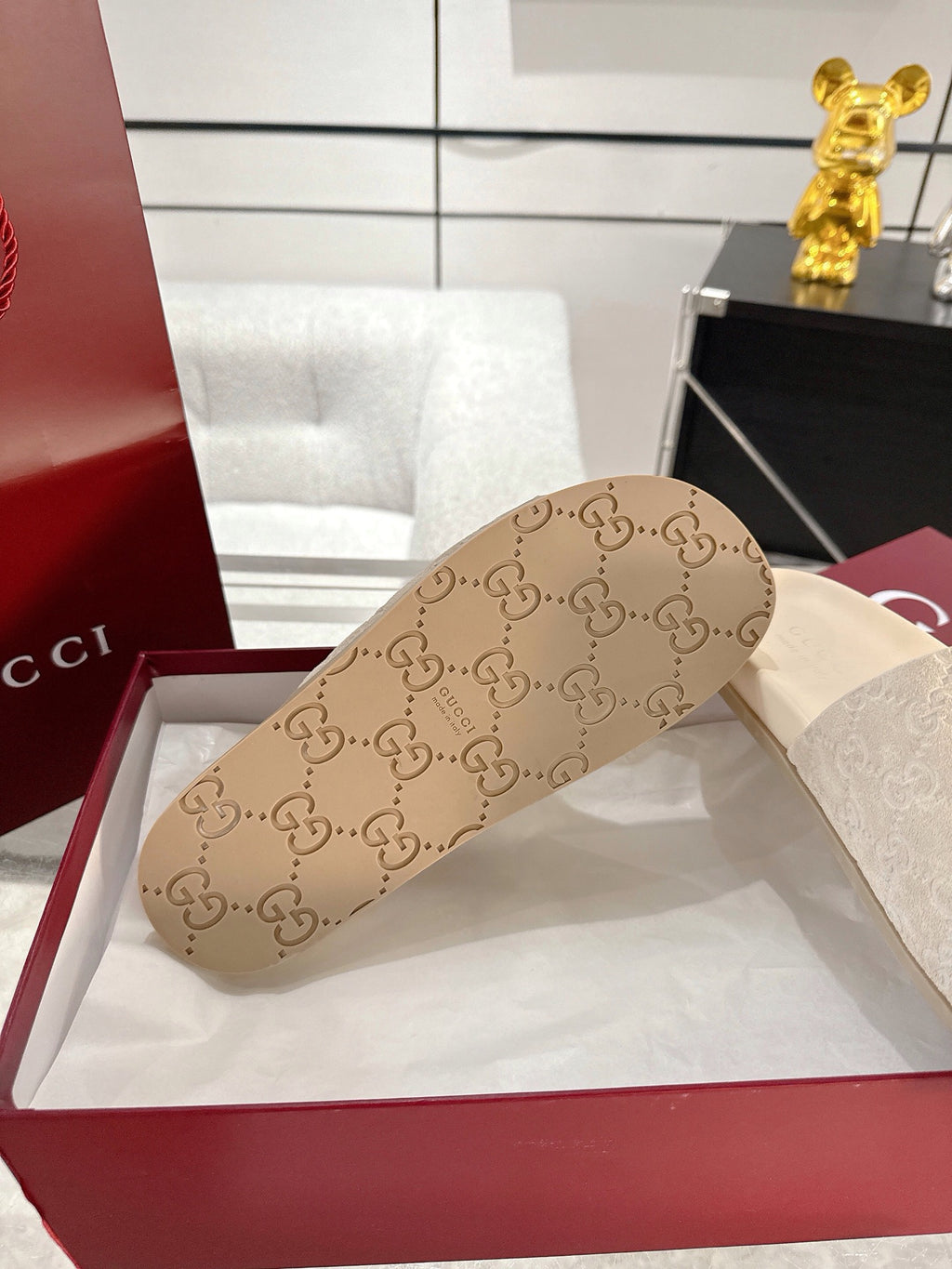 Gucci monogram slide sandals, light beige with wide strap featuring GG pattern