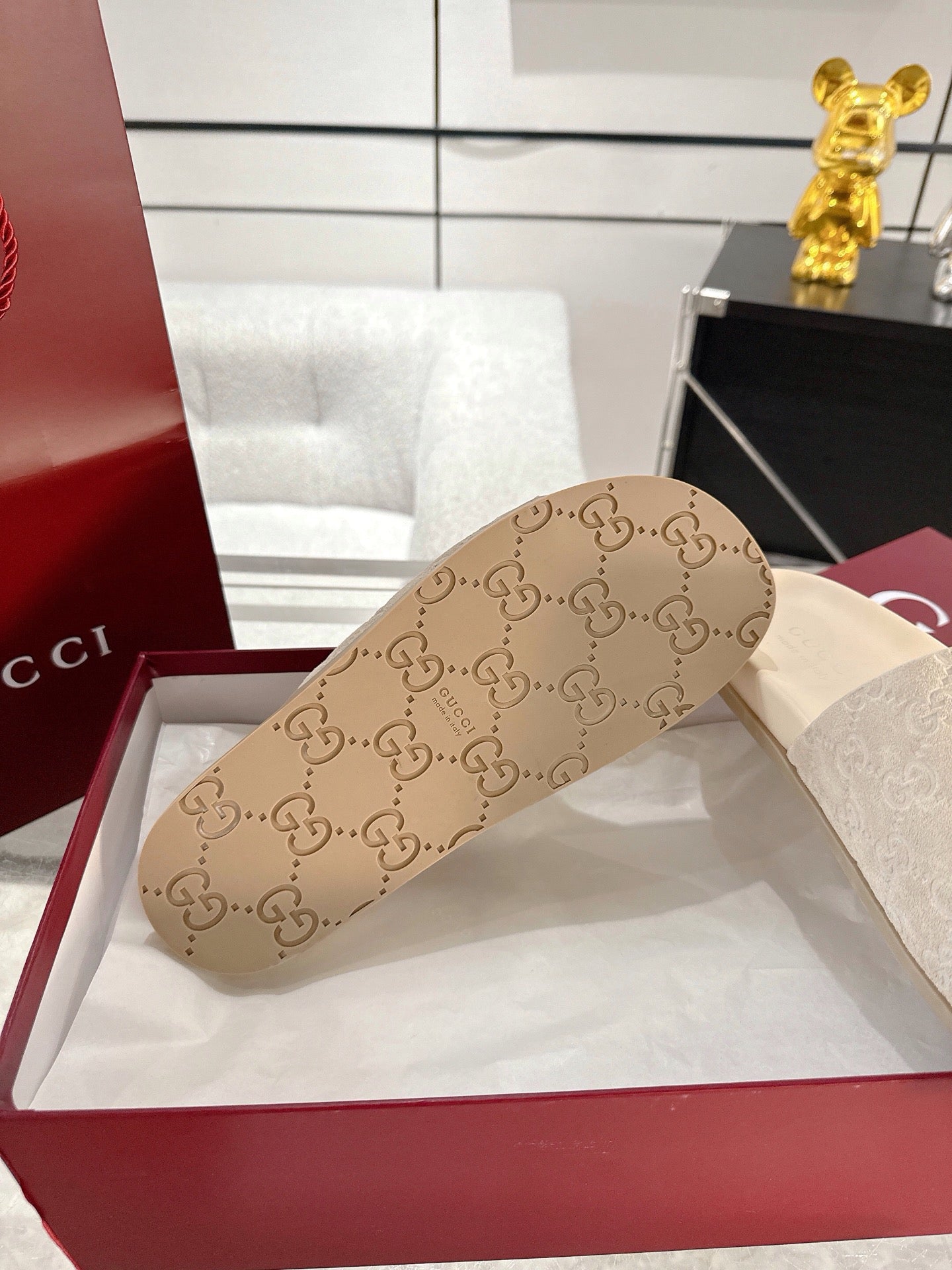 Gucci monogram slide sandals, light beige with wide strap featuring GG pattern