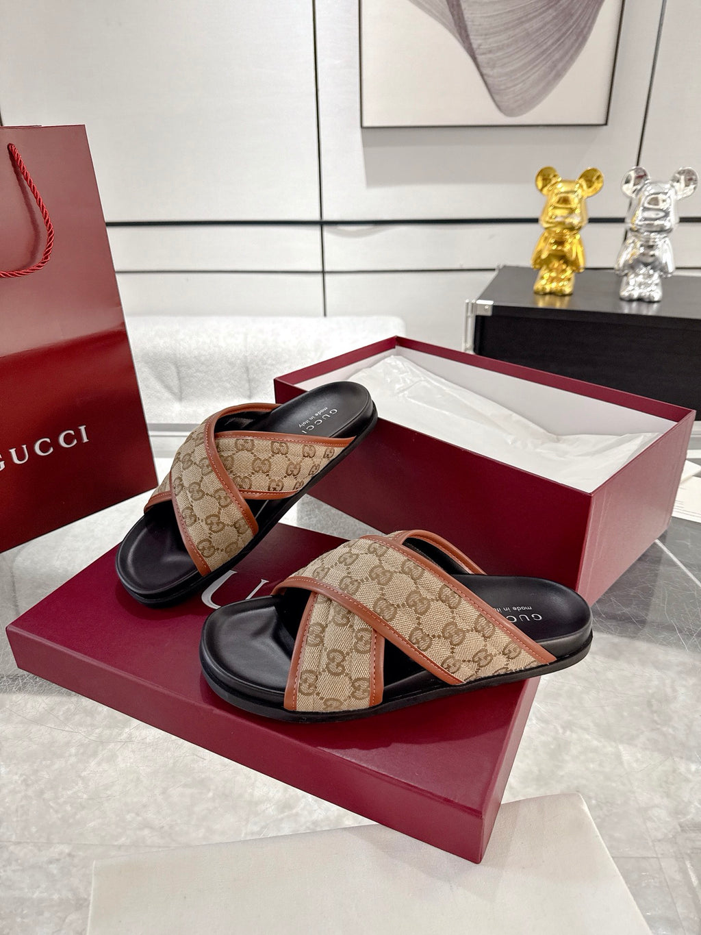 Gucci slide sandals, beige GG canvas with tan leather straps, black sole on box