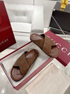 Gucci GG slide sandals, dark brown wide strap sandals with open toe