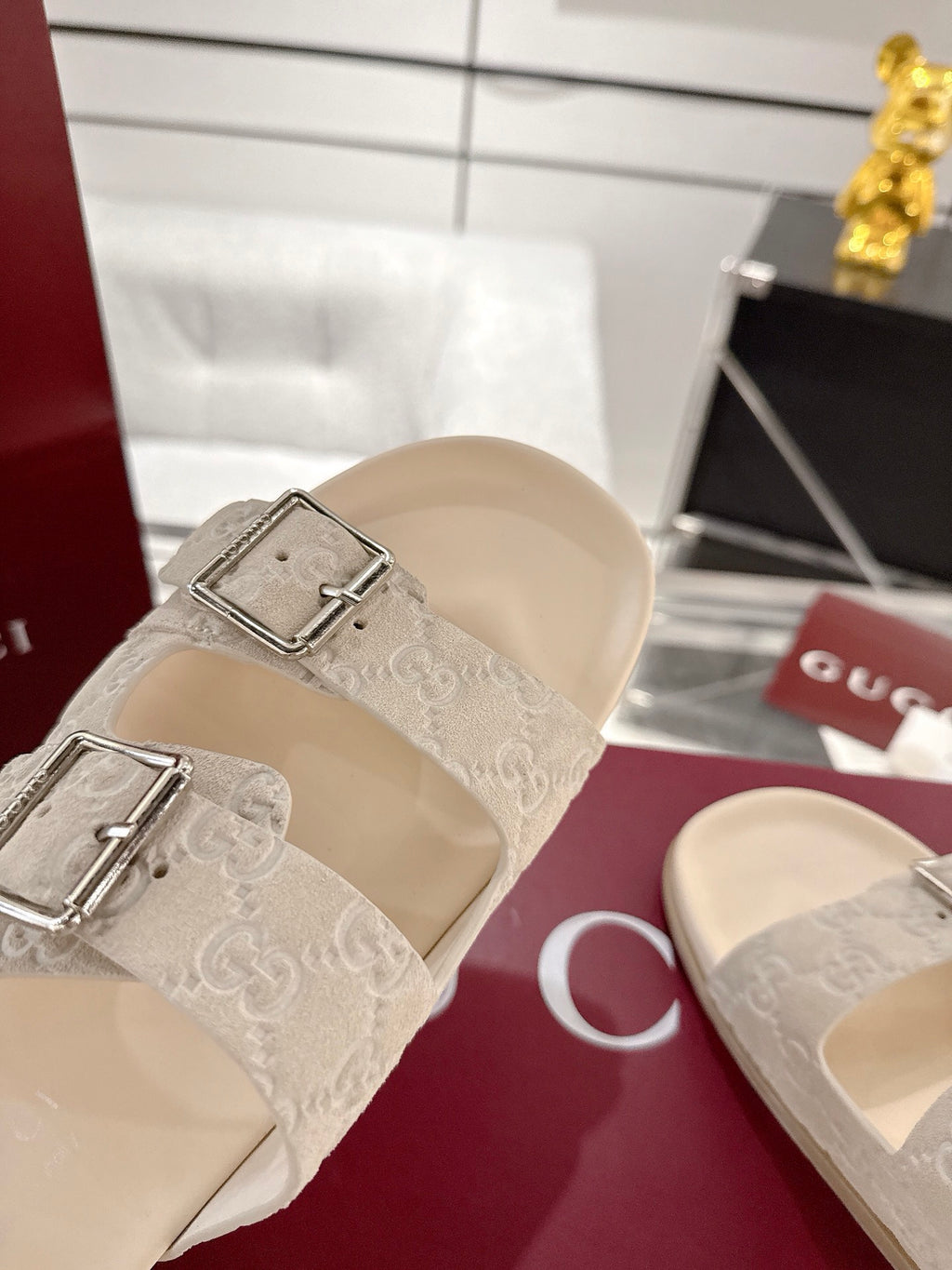 Gucci beige monogram sandals with silver buckles, adjustable double-strap
