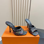 Louis Vuitton heeled mules on box: black multicolor monogram fabric, thin stiletto heels