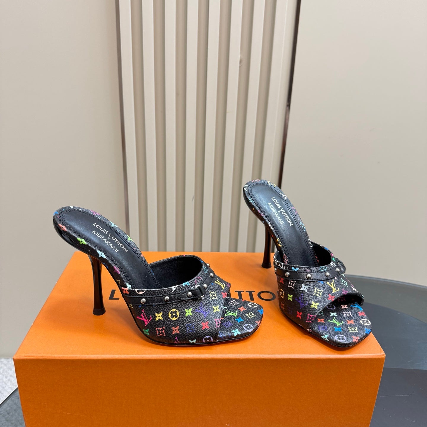 Louis Vuitton heeled mules on box: black multicolor monogram fabric, thin stiletto heels