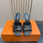 Louis Vuitton heeled mule sandals, black with multicolor monogram print strap and metal studs
