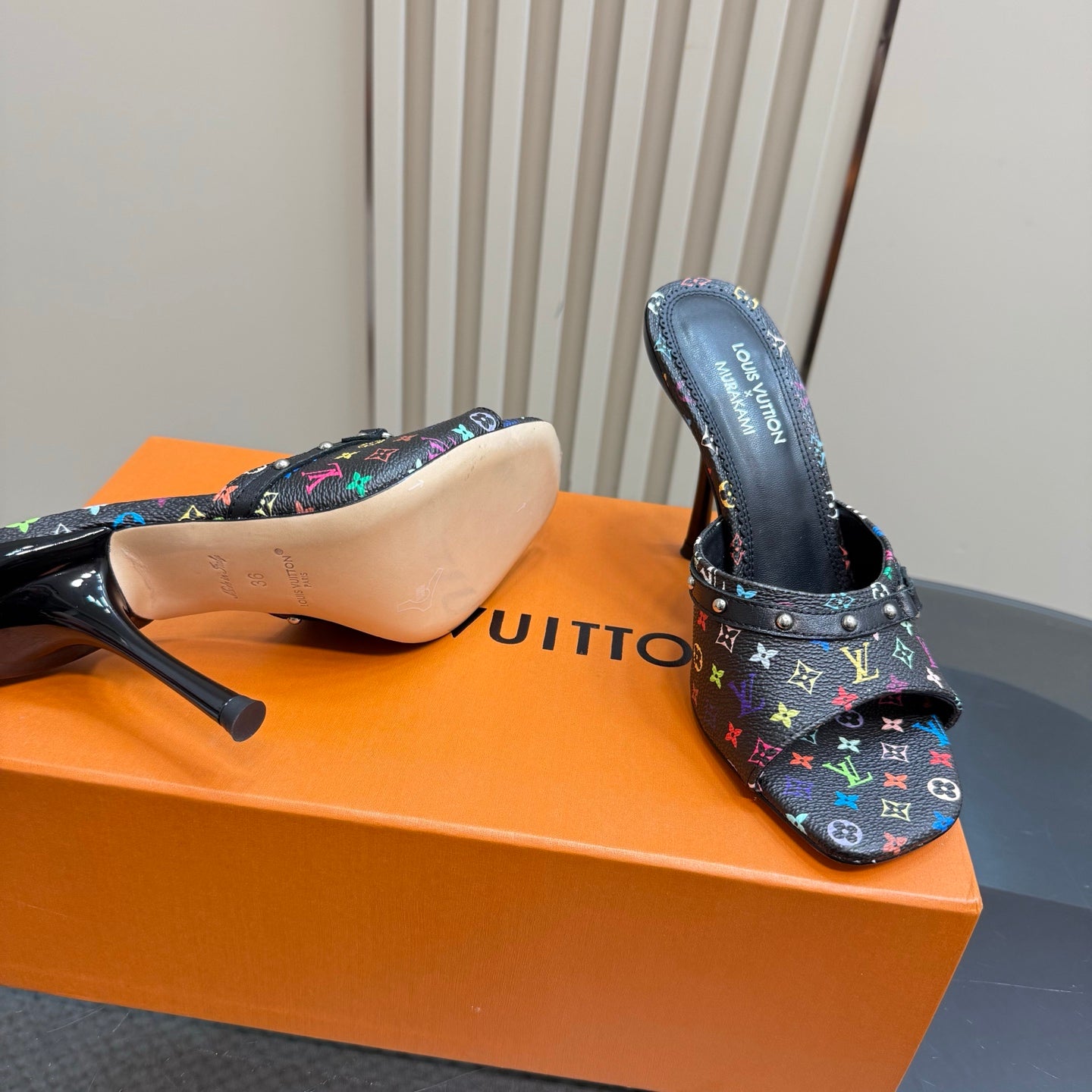 Louis Vuitton heeled mule with footbed visible, black multicolor monogram strap, stiletto heel