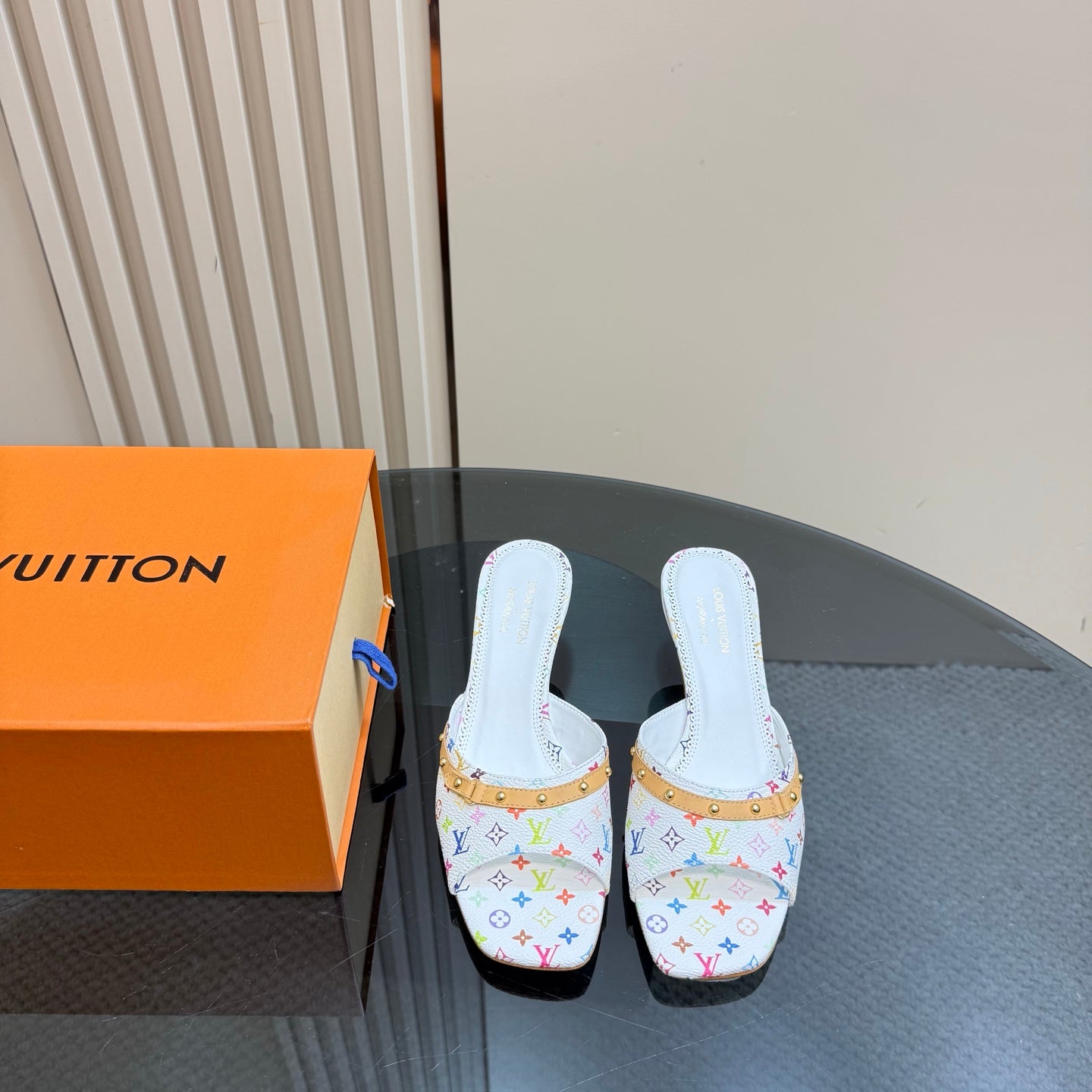 Louis Vuitton ladies heeled mules, white multicolor monogram print, gold trim, slip-on style