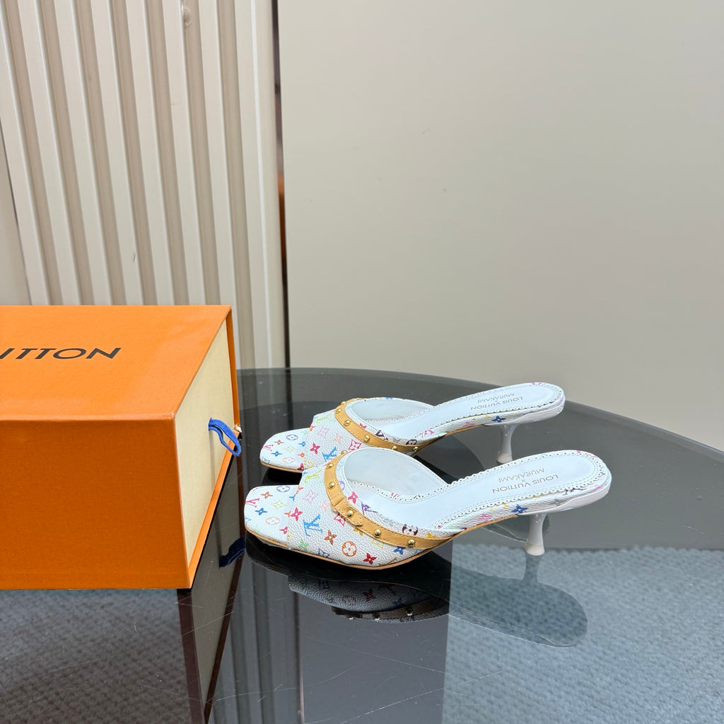 Louis Vuitton ladies heeled mules on orange box, white multicolor monogram print, gold trim