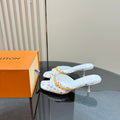 Louis Vuitton ladies heeled mules on orange box, white multicolor monogram print, gold trim