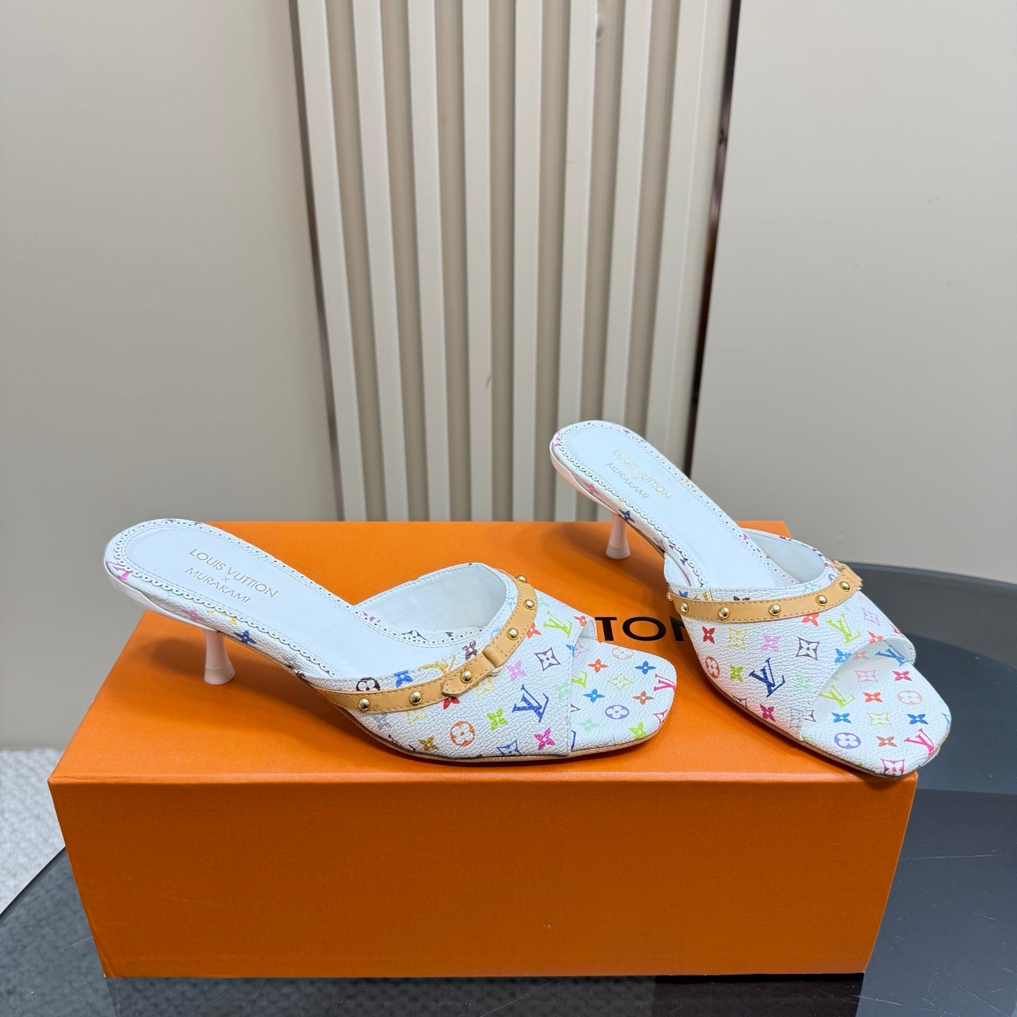 Louis Vuitton ladies heeled mules, side-by-side on box, white multicolor monogram print, gold trim