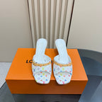 Louis Vuitton ladies heeled mules pair, white multicolor monogram print with gold strap trim