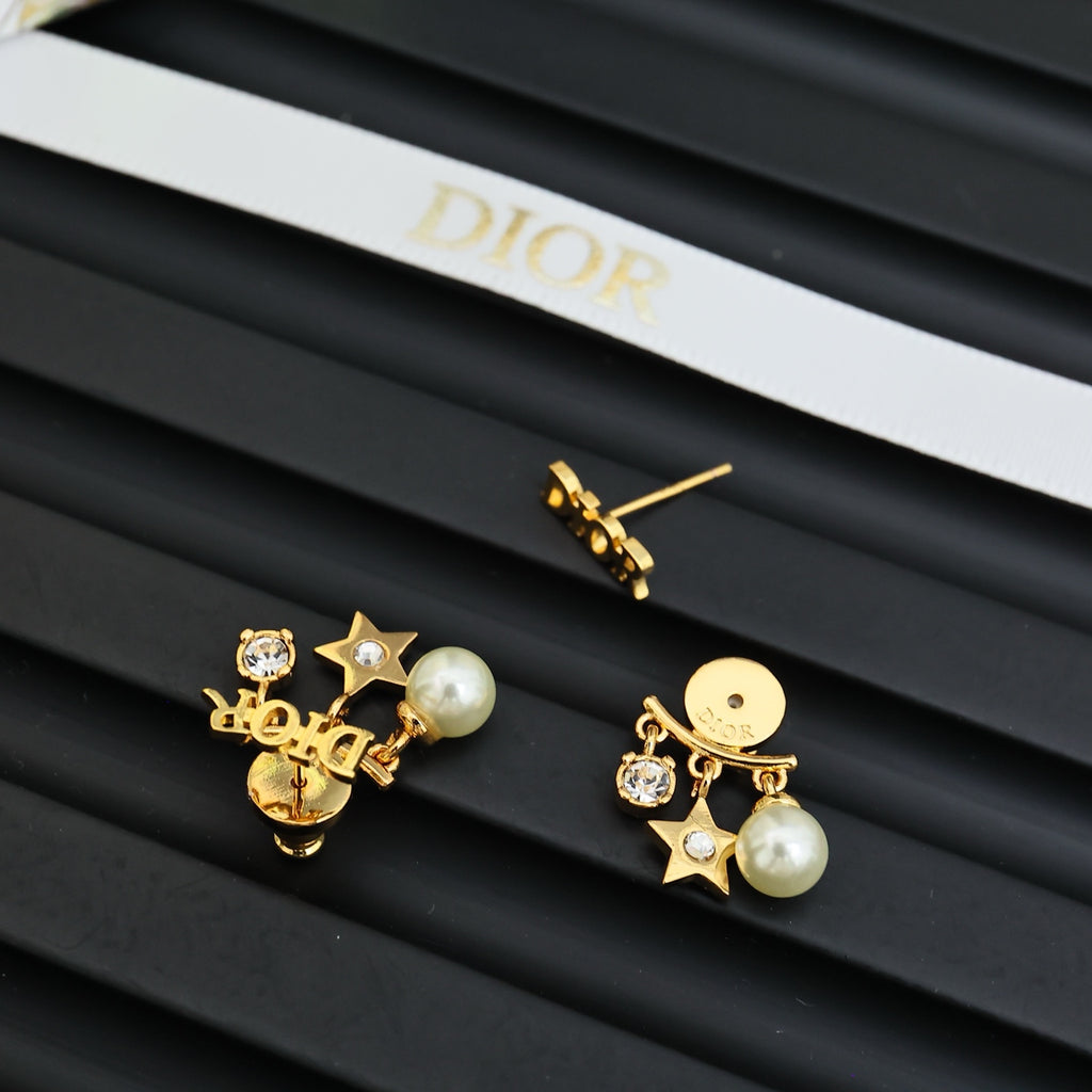 Dior gold-tone star and pearl earrings with rhinestone details and logo