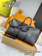 Men's monogram duffel bag, dark gray, top view with buckle detail and handles