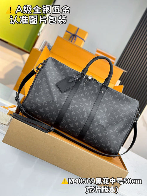 Louis Vuitton men's monogram duffel bag, dark gray, top handles and zipper closure