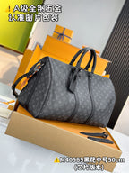 Men's monogram duffel bag, dark gray, side view with crossbody strap and handles