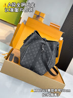 Men's monogram duffel bag, dark gray, front view with crossbody strap and zipper