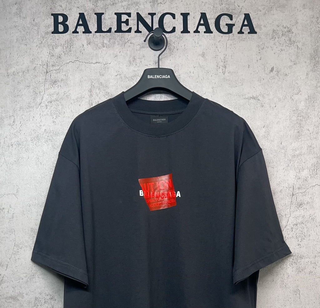 Balenciaga short-sleeve T-shirt, dark navy, red square logo on chest