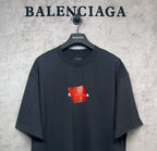 Balenciaga short-sleeve T-shirt, dark navy, red square logo on chest