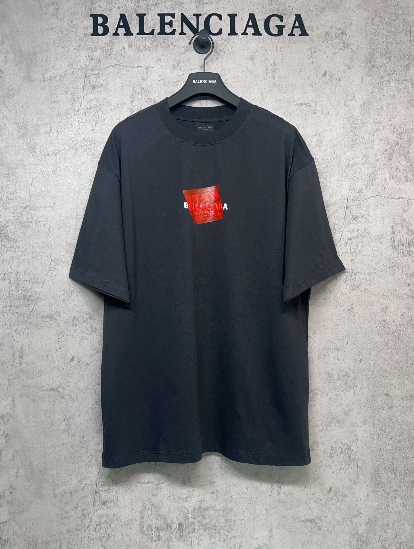 Balenciaga short-sleeve T-shirt, dark navy, red front logo print