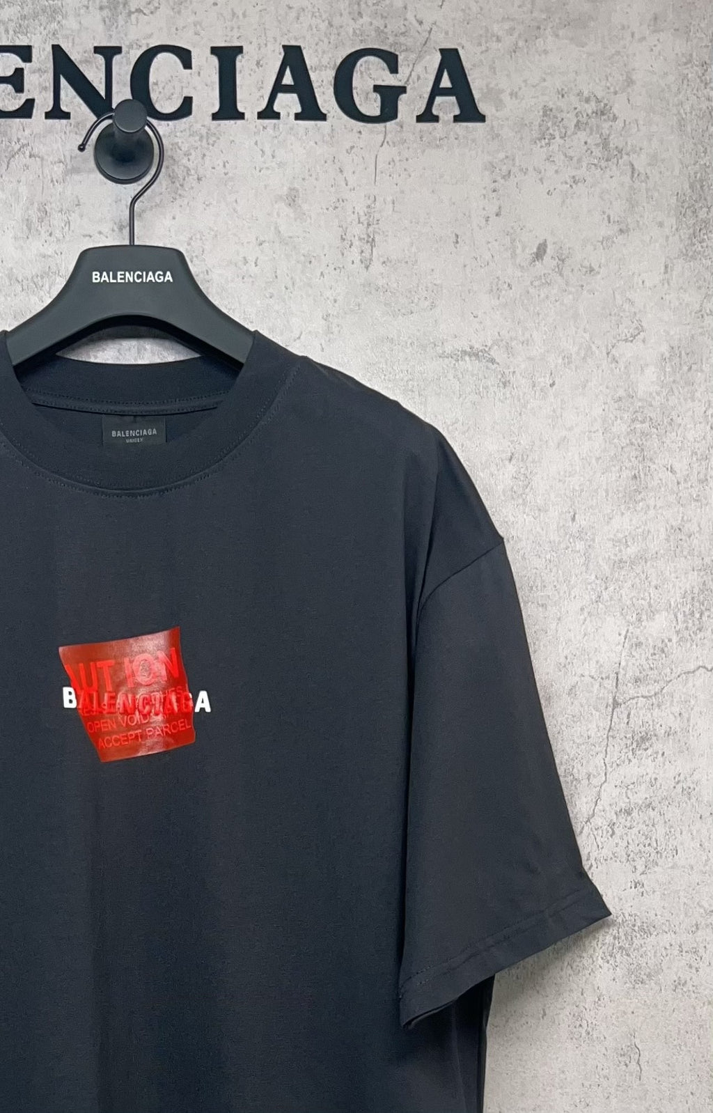 Balenciaga short-sleeve T-shirt, dark navy, crew neck, red front logo
