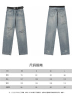 Light blue distressed denim pants with rips, shown front and back