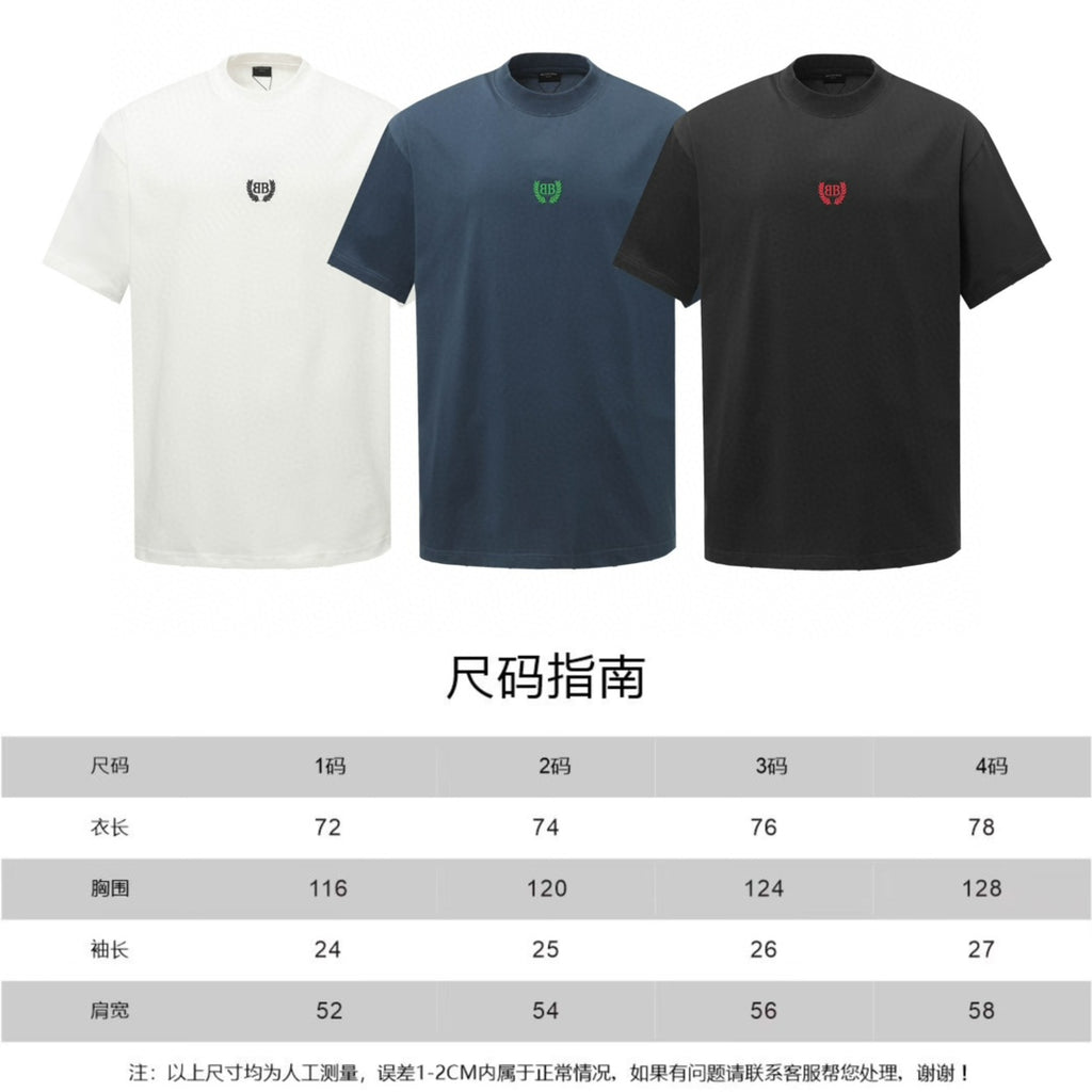 Three crewneck T-shirts set: white, navy, black, each with small chest emblem; size chart shown.