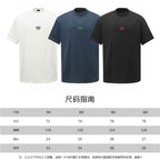 Three crewneck T-shirts set: white, navy, black, each with small chest emblem; size chart shown.