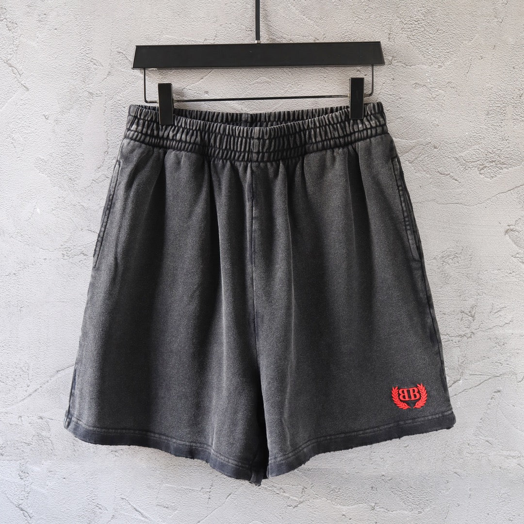 Dark gray denim shorts with elastic waistband and side pockets