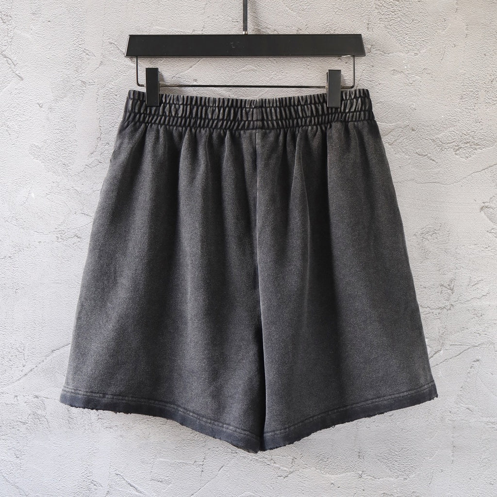 Dark gray denim shorts with elastic waistband and straight legs
