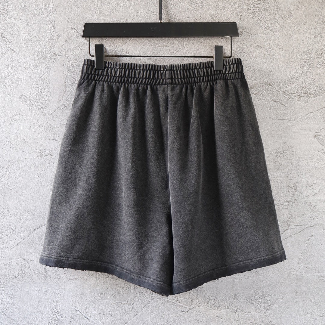Dark gray denim shorts with elastic waistband and straight legs