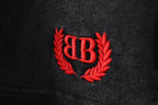 Dark gray fabric with red laurel and B logo embroidery