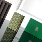 Goyard-pattern card holder with green leather, logo patch and stacked front