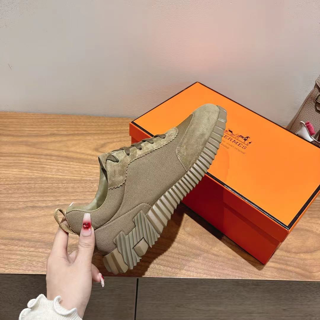 Hermes unisex suede sneaker, olive, lace-up, ribbed heel and side stripe detail