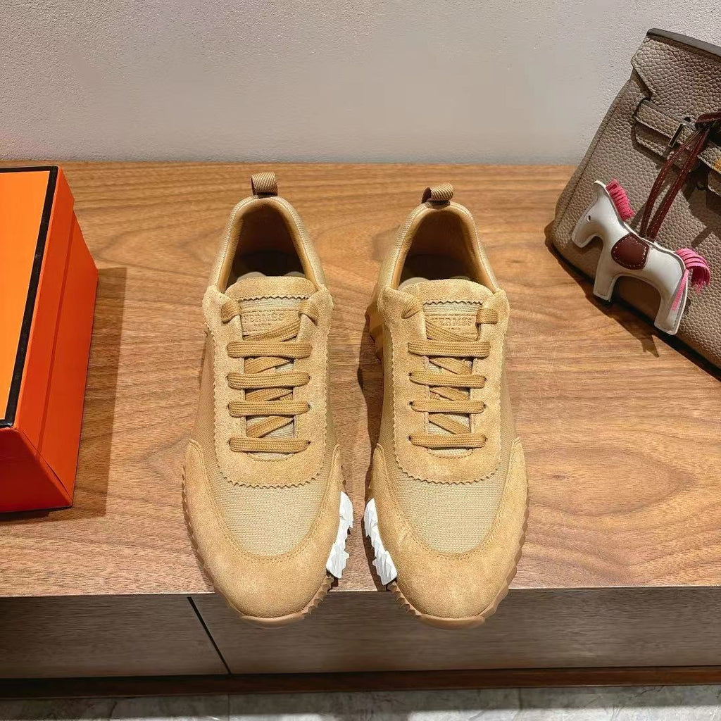 Hermes unisex beige lace-up sneakers with suede panels and ribbed rubber sole